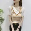 Camiseta Base de Manga Corta Suéter Rayado Ropa de Verano para Mujer Nuevo Conjunto Cuello Oblicuo 2024 Ajustado Top Camiseta Principios de Verano Delgado