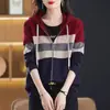 Cardigan de Tricô com Capuz Listrado Color Block Estilo Preguiçoso Outono 2025 para Mulheres, Suéter Top Solto Emagrecedor para Mulheres