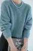 Suéter de punto de lana de alto peso con mangas largas para mujer para otoño e invierno, hecho de seda de morera y cachemira, con cuello redondo y diseño engrosado