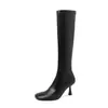 Botas largas para mujer 2026 nuevo modelo estilo coreano punta cuadrada cierre lateral botas altas tacón de aguja para mujer botas elásticas hasta la rodilla