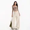 Jeans de pierna ancha para mujer transfronterizos, estilo americano, fluidos, vintage, casuales, algodón puro, caqui claro, pantalones largos, extralargos, Yichun