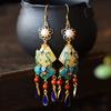 Brincos de Clipe de Orelha Estilo Chinês, Brincos Estilo Antigo, Borla Estilo Chinês Retrô Clássico Prata Pura Lótus Azul Queimado, Brincos Pendentes de Jade Hetian para Mulheres