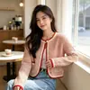 Nuevo cárdigan de punto corto casual de estilo coreano para otoño, cálido, elegante, con bloques de color y rayas, inspirado en Chanel, para mujer