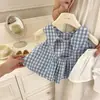 Conjunto de Ropa de Verano para Niñas: Elegante Camiseta de Muñeca a Cuadros sin Espalda, Camiseta, Camiseta sin Mangas, Pantalones Cortos de Bebé y Niños Estilo Coreano de Moda