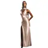 Moda transfronteriza europea y americana sexy chica caliente Lv vestido largo de color liso con cuello en V y abertura vestido de noche para fiestas