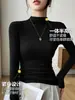 Nuevo Estilo Top Térmico de Cuello Medio Alto para Mujer, Ropa Interior Otoño/Invierno, Elegante Camiseta Negra de Manga Larga, Top Forrado de Felpa Cepillada, Moderno