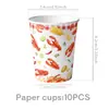 Las nuevas decoraciones de cumpleaños de Amazon con temática de cangrejos de río para el verano incluyen vajilla desechable como platos de papel, servilletas de papel y vasos de papel.