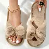 Nuevas zapatillas de algodón para casa de mujer para otoño e invierno, con lazo y pelo sintético de conejo, de tira cruzada, suela gruesa, cálidas para interiores