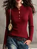 Novo top de malha com gola alta estilo chinês, botões de sapo, feminino, outono e inverno, justo, canelado, manga longa, estilo chinês retrô, temperamento, peça interna para mostrar