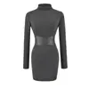 Vestido Nuevo de Manga Larga y Cuello Medio para Otoño e Invierno 2025 Estilo Europeo y Americano Cintura Alta con Tiras Falda de Cuero Sexy Ultra Corta para Cadera
