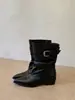 Botines cortos fruncidos, botines de motociclista versátiles para mujer con hebilla de cinturón, elegante estilo retro de tacón grueso, nuevo diseño simple 2026