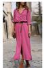 Vestido Longo 2025 Primavera e Outono Ebay Aliexpress com Cinto, 5 Cores, Patchwork Versátil, Comprimento Médio, Ajuste na Cintura, Elegante para o Trabalho