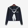 Conjunto auténtico de uniforme de marinero estilo japonés para mujer, que incluye un top de manga larga con cuello azul marino oscuro y una falda plisada, un atuendo de tres piezas