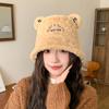 Chapéu de Pescador de Pelúcia Novo Estilo Coreano Outono e Inverno Feminino Fofo com Orelhas de Urso Bordado com Letras Casual Quente Chapéu Balde para Estudantes