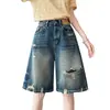 Shorts de mezclilla rotos estilo retro para mujer, verano 2026, corte slim, rectos, casuales, únicos, desgastados, de pierna ancha, de longitud media