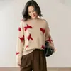 Suéter de Cachemira de Cuello Redondo para Mujer Otoño e Invierno, Jacquard de Mariposa Holgado Aspecto Adelgazante Versátil Suéter de Punto para Base Ropa Interior Sencilla