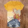 Camiseta Casual Personalizada para Mujer con Estampado Digital 3D, Cuello en V, Manga Corta, Estilo Floral Retro. Disponible a partir de 1 pieza.