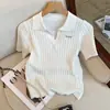 Nuevo estilo primavera y verano, top de punto de seda helada con cuello polo para mujer, camiseta de manga corta fina, holgada, adelgazante y favorecedora para mujer