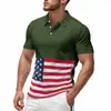 Camisa Polo Masculina Americana Fina de Seda Gelada de Secagem Rápida Camiseta Masculina Verão Bandeira Americana Estampada Gola Lapela Manga Curta