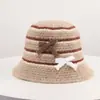 Sombrero de pescador coreano de otoño para mujer, fino, con bloques de color y rayas, de punto de alpaca, con cobertura facial, ligero y transpirable, con cordón y detalle de lazo