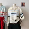 Suéter de malha com gola polo listrada color block estilo coreano, com zíper, nova moda outono e inverno, versátil, pronto para envio, suéter personalizado