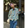 Camisa de cuadros con bloques de color y un solo bolsillo para hombre, manga larga, para primavera y otoño, diseño retro americano, corte holgado, versátil, camisa de tela cepillada
