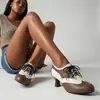 34-50 Nueva Moda Femenina Zapatos de Salón Punta Redonda Bloque de Color Cruzado Talla Grande Zapatos de Mujer Tacón Grueso Hebilla Tacón Alto Zapatos de Comercio Exterior