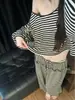 Pijama casual y simple de rayas con un hombro y manga larga para mujer, pantalones largos casuales holgados de otoño, adecuados para usar afuera, conjunto para estar en casa
