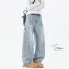 Jeans Masculino Americano High Street Lavado Desgastado Marca Trendy Deconstruído Perna Reta Calças Saber Calças de Perna Larga Soltas de Alta Qualidade