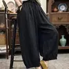Pantalones de linterna de algodón y lino retro de moda, pantalones casuales holgados que estilizan, pantalones cortos, pantalones florales de encaje versátiles para mujer