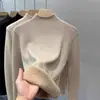 Venta al por mayor transfronteriza otoño e invierno coreano cuello semi-alto forro polar grueso cálido manga larga suéter una pieza terciopelo interior top para mujer