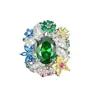 Anillo Abierto Retro Europeo y Americano con Incrustaciones de Diamantes y Piedras Preciosas de Colores para Mujer, Joyería de Lujo Ligero Estilo Étnico de Moda con Forma de Flor Venta al por Mayor
