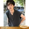 Novo Colete Casual Listrado Masculino Estilo Chinês Camiseta de Verão Masculina Solta Tamanho Grande Camiseta Masculina Cinza Branco