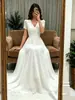 A403 Nuevo Estilo Europeo y Americano Encaje Patchwork Gasa Cuello en V Ajustado Línea A Vestido de Novia Vestido Largo para Bodas