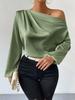 Blusa Feminina Manga Longa Ombro a Ombro Pulôver Assimétrico Amazon Transfronteiriço Europeu e Americano Cor Sólida Cetim Longa