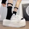 Zapatos Peludos Gruesos de Suela Gruesa de Color Sólido Estilo Academia para Mujer, Nuevo Modelo Otoño 2025 con Diseño de Hebilla de Cinturón, Pantuflas de Algodón Antideslizantes