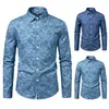 Nova camisa de manga comprida da Amazon para homens, com estampa de design retrô em jeans, corte solto e disponível em tamanhos grandes.