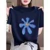 Camiseta de Algodón Puro para Mujer, Hombro Normal, Cuello Redondo, Manga Corta, Elegante y Versátil, Top Azul Oscuro de Moda, Moda Verano 2026