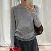 Camiseta base de lana para mujer con cuello redondo, jersey de punto de manga larga, diseño con ribete de encaje, top ajustado