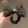 Nuevo y moderno scrunchie beige de alta elasticidad con lazo, elegante nuevo pasador de moño de cristal, cuerda para coleta de estilo coreano