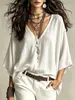 Top casual de algodón y lino para mujer, de manga tres cuartos, corte holgado, con cuello en V, para otoño, Amazon transfronterizo europeo y americano