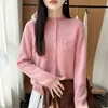 Cardigan de Tricô Jacquard Vazado Pesado Feminino, Gola Redonda, Casaco Suéter Macio e Fofo, Solto, Peça Externa Elegante
