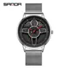 Reloj de cuarzo Sanda New 1110 de malla de cuero con volante para hombre, moderno y elegante.