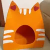 Ninho de Gato de Feltro Cama de Gato Semicerrada Rosto de Gato de Desenho Animado Removível e Lavável Dobrável Ninho para Animais de Estimação Quatro Estações Ninho Universal para Dormir