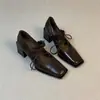 Cuero Genuino Velcro Francés Punta Cuadrada Tacones Altos Para Mujer Pies Que No Se Cansan Retro Mary Jane Zapatos Pequeños De Cuero Tacón Grueso Corte Bajo Zapatos Individuales