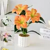 Planta en Maceta de Flores Artificiales con Tres Cabezas de Lirios, Flores Falsas Elegantes y Creativas para Decoración de Interiores de Sala de Estar, Vegetación Artificial