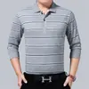 Camiseta de manga larga para hombre de primavera y otoño, holgada, con solapa, a rayas, para usar debajo, bolsillo real, talla grande, top casual para hombre