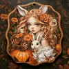 Placa de madeira de coelhinha retrô de Halloween transfronteiriça placa de porta decorativa de abóbora e morcego estilo pastoral americano artesanato