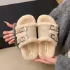 Hebilla 2026 Suela Gruesa Pantuflas de Algodón para Mujer Invierno Exteriores Pantuflas de Piel Calientes Punta Abierta Versátiles Moda Estilo Coreano Correa Única