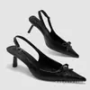 Sandalias de Tacón Alto de Verano Nuevas de Moda Europeas y Americanas Transfronterizas Comercio Exterior con Lazo Punta Cerrada Elegantes Versátiles Sin Espalda